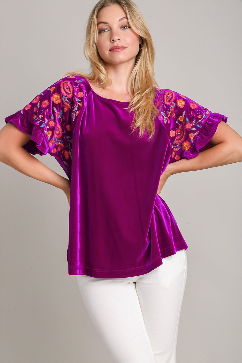 Umgee Violet Velvet Embroidery Short Sleeve Blouse Violet Shirts & Tops