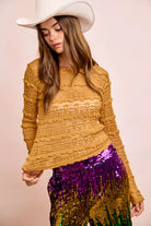 BiBi Mustard Ruffles Detail Mardi Gras Color Flower Lace Top