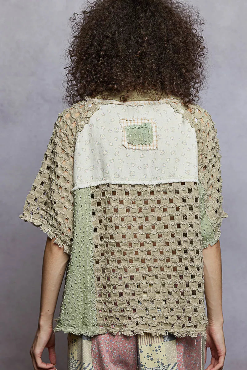 POL Button Down V-Neck Jacket with Printed Woven Patchwork