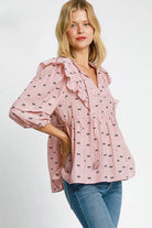 Umgee Ruffled Bow Print Tie Neck Peplum Blouse