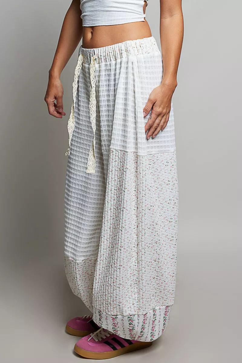 POL Ivory Patchwork Mixed Knit Wide Leg Pants