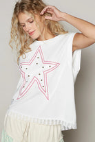 POL Off White Star Patch Studded Sleeveless Knit Top with Lace Hem