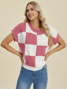 Double Take Checkered Round Neck Short Sleeve Sweater Trendsi