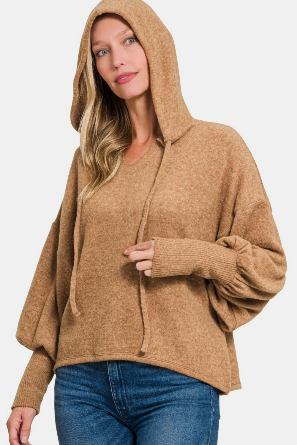 Zenana Deep Camel Brushed Hacci Drop Shoulder Cropped Hoodie Trendsi