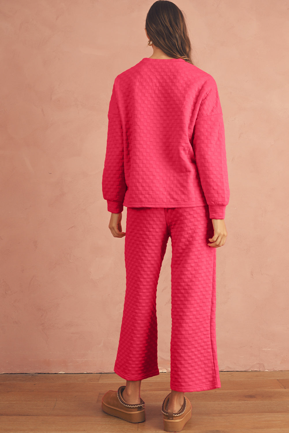 Strawberry Pink Checkered Textured Split Pullover Top and Pants Set Shewin