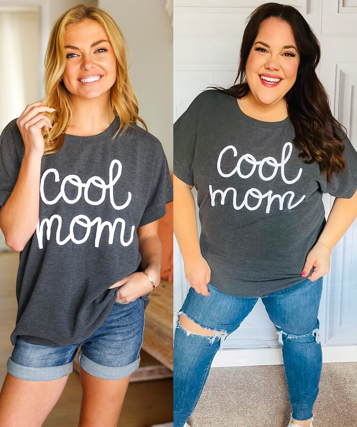 Haptics Take A Bow Charcoal "Cool Mom" Embroidery Pop-Up Rib Dolman Top Haptics