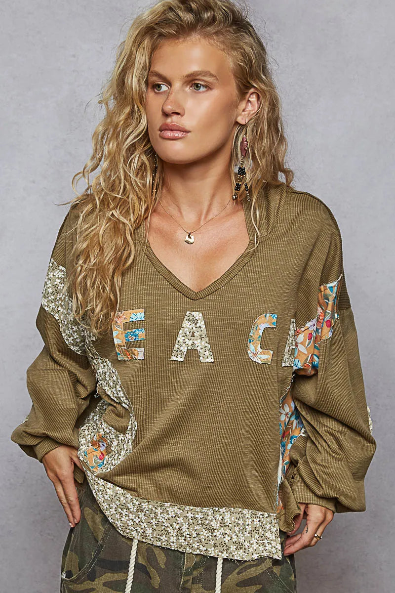 POL Olive Peace Contrast Patch Floral Long Sleeve Hoodie Olive