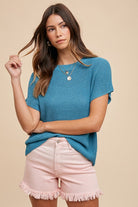 Annie Wear Cerulean Round Neck Short Sleeve Sweater Cerulean