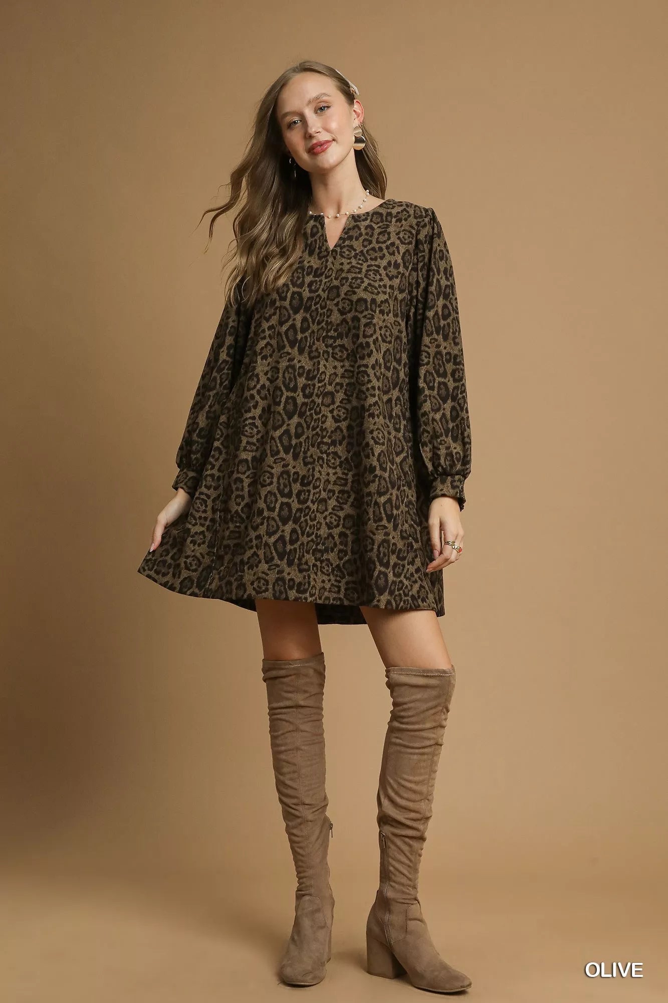 Umgee Olive Leopard Print Long Sleeve Swing Dress