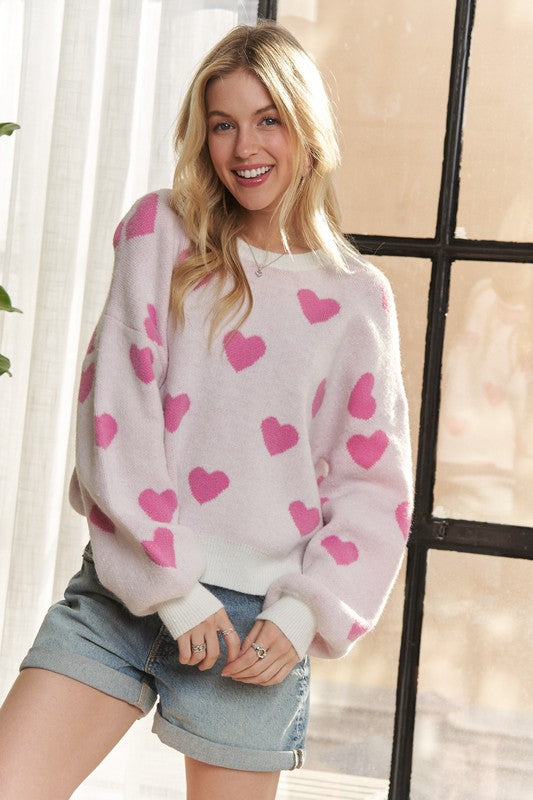 ADORA Off White & Pink Heart Round Neck Drop Shoulder Sweater