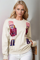 Preorder Double Take Full Size Nutcracker Sequin Long Sleeve Sweater Ivory Shirts & Tops