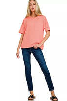 Zenana Coral Raised Rib Exposed Seam Short Sleeve Top