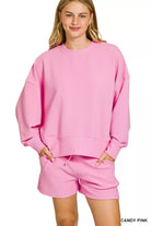 Zenana Candy Pink Ribbed Round Neck Pullover and Shorts Set CANDY PINK