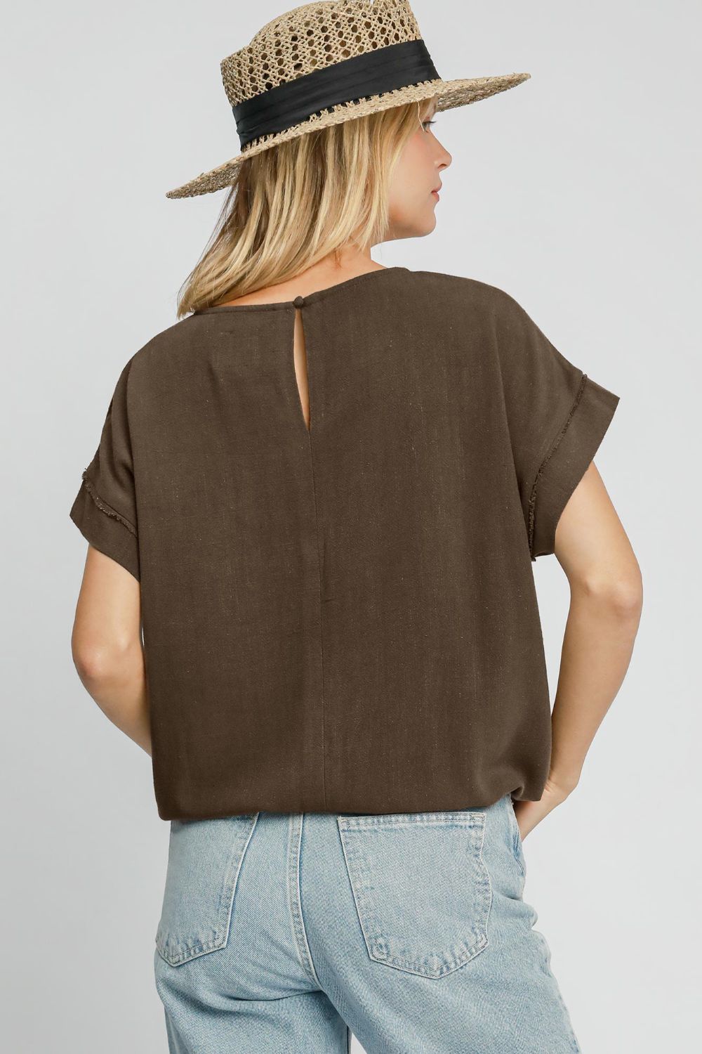 Umgee Coffee Brown Drawstring Hem Round Neck Short Sleeve T-Shirt