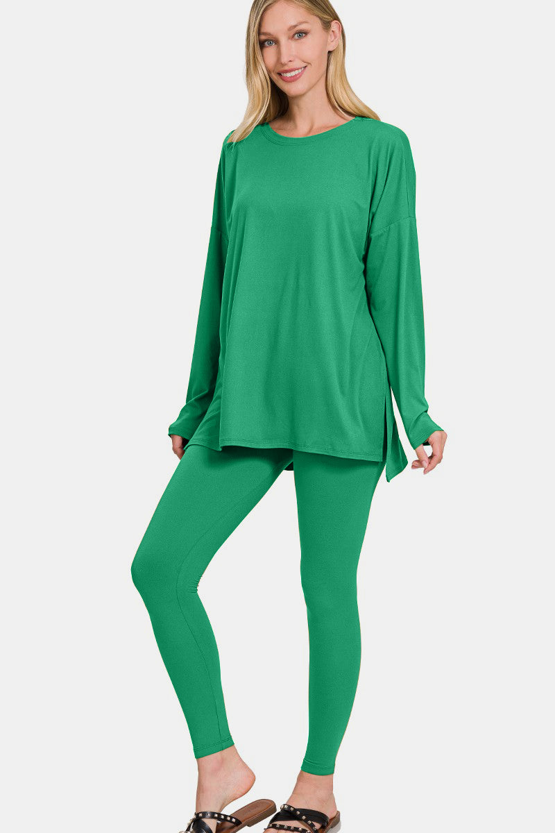Zenana Kelly Green Brushed Microfiber Long Sleeve Top and Leggings Lounge Set Trendsi