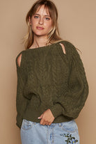 POL Dried Olive Cable Knit Keyhole Cutout Long Sleeve Sweater Dried Olive Trendsi