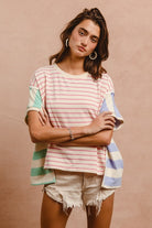 BiBi Pink Multi Slit Exposed Seam Striped Round Neck Short Sleeve T-Shirt