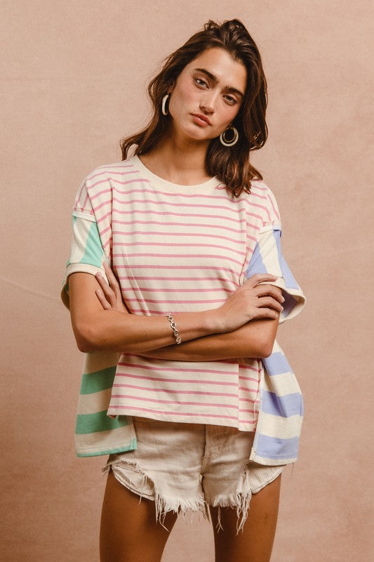 BiBi Pink Multi Slit Exposed Seam Striped Round Neck Short Sleeve T-Shirt