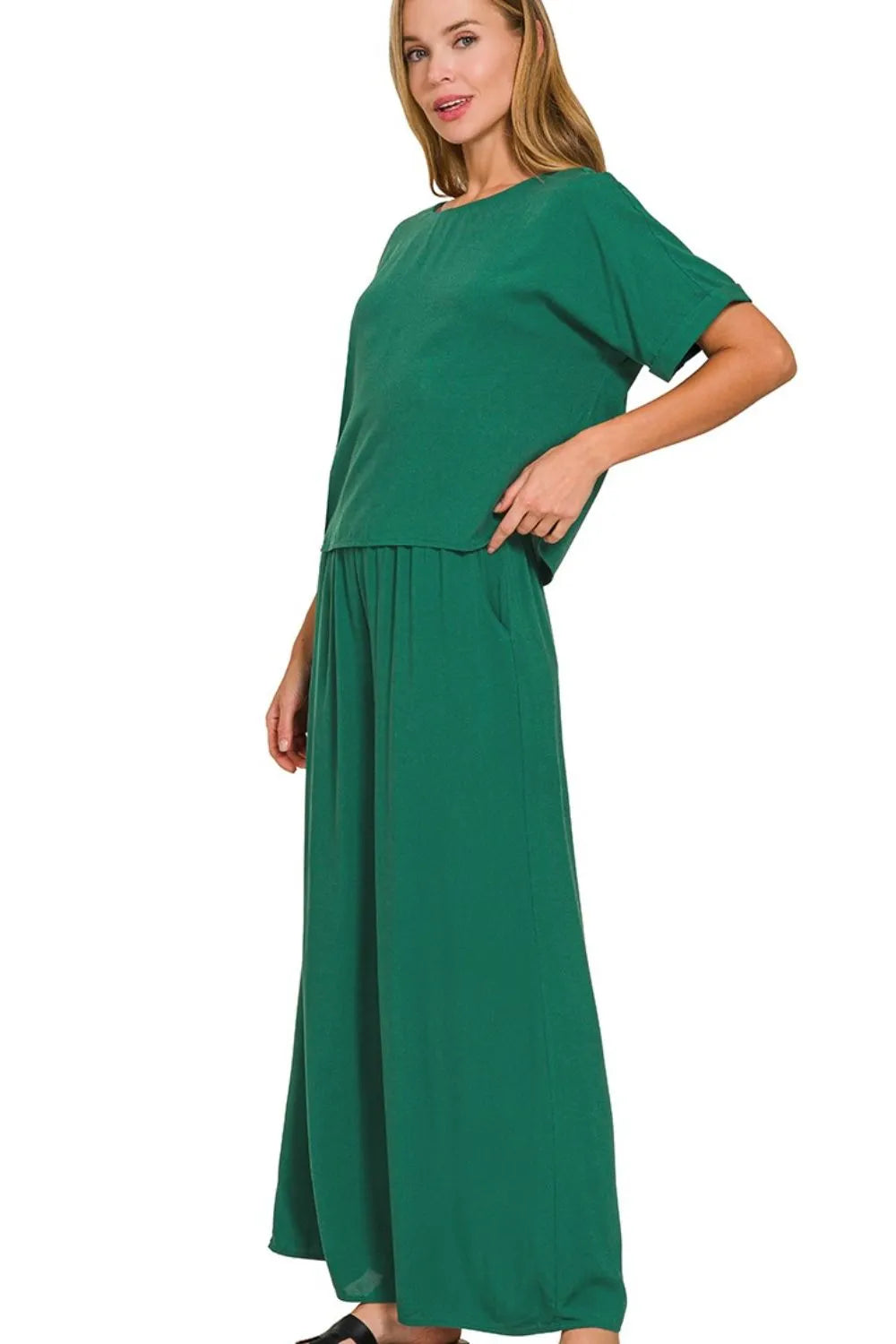 Zenana Dark Green Round Neck T-Shirt and Wide Leg Pants Set
