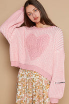 POL Candy Pink Round Neck Heart Patch Zipper Point Sleeve Sweater Candy Pink Trendsi