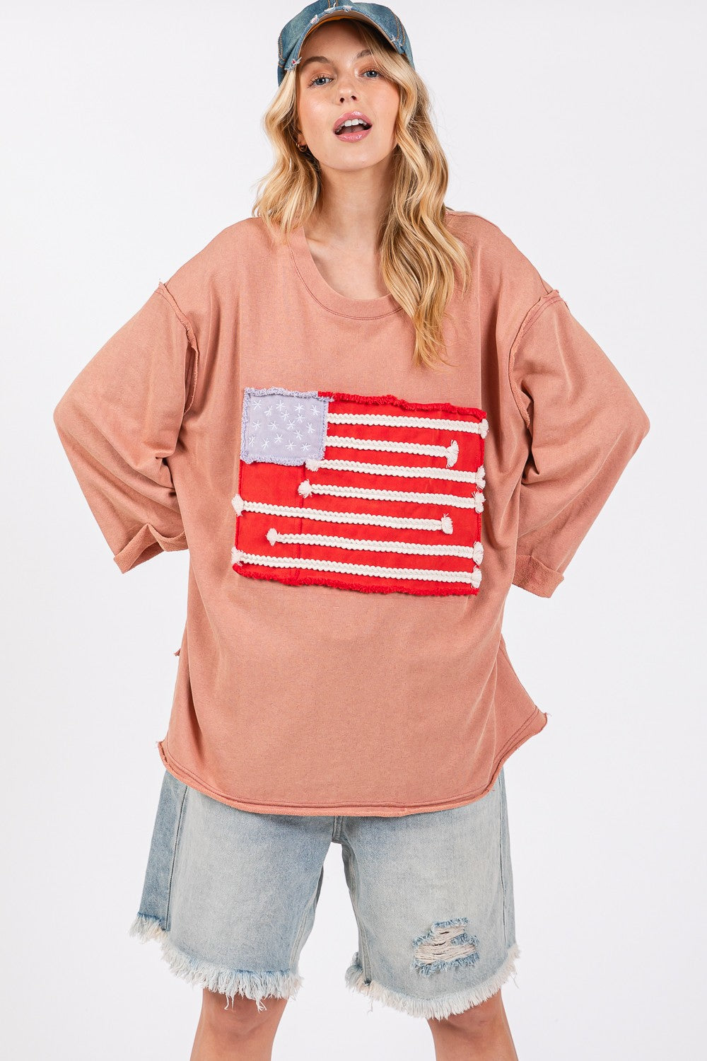 SAGE + FIG Indian Pink American Flag Patch Drop Shoulder T-Shirt Trendsi