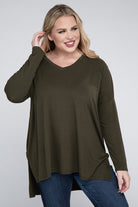 Zenana Plus Size Dolman Sleeve V-Neck Side Slit Hi-Low Hem Top ZENANA