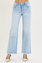 RISEN Tummy Control Mid Rise Ankle Straight Fray Hem Jeans LIGHT