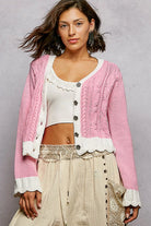 POL Baby Pink Button Down Cable-Knit Cardigan with Contrast Border Accents