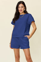 11 Colors- Double Take Quilted Textured Short Sleeve T-Shirt and Drawstring Shorts Set Royal Blue Trendsi