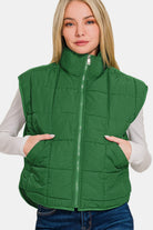 Zenana Dark Green Zip Up Cropped Puffer Vest with Pockets Dk Green Trendsi