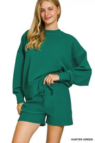 Zenana Hunter Green Ribbed Round Neck Pullover and Shorts Set