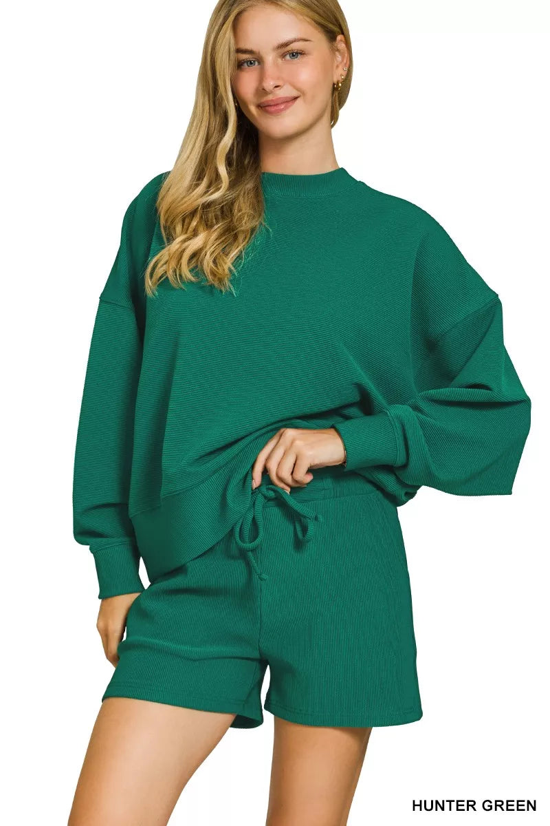 Zenana Hunter Green Ribbed Round Neck Pullover and Shorts Set