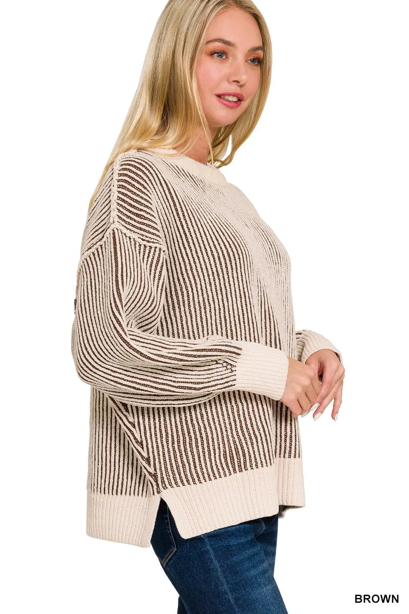 Zenana Brown Two Tone Crewneck Sweater