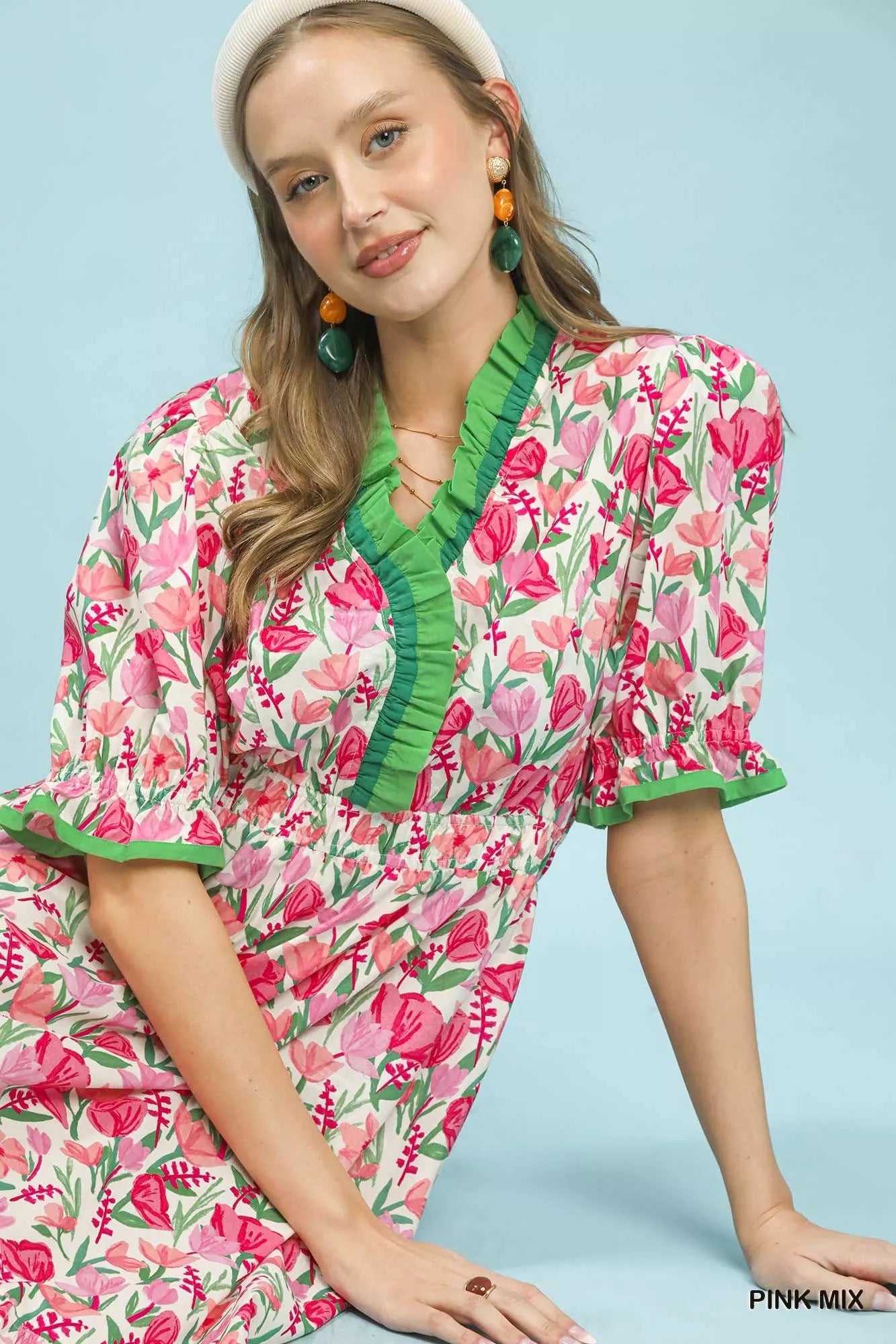 Umgee Pink Mix Floral Ruffle Trim Tiered Midi Dress