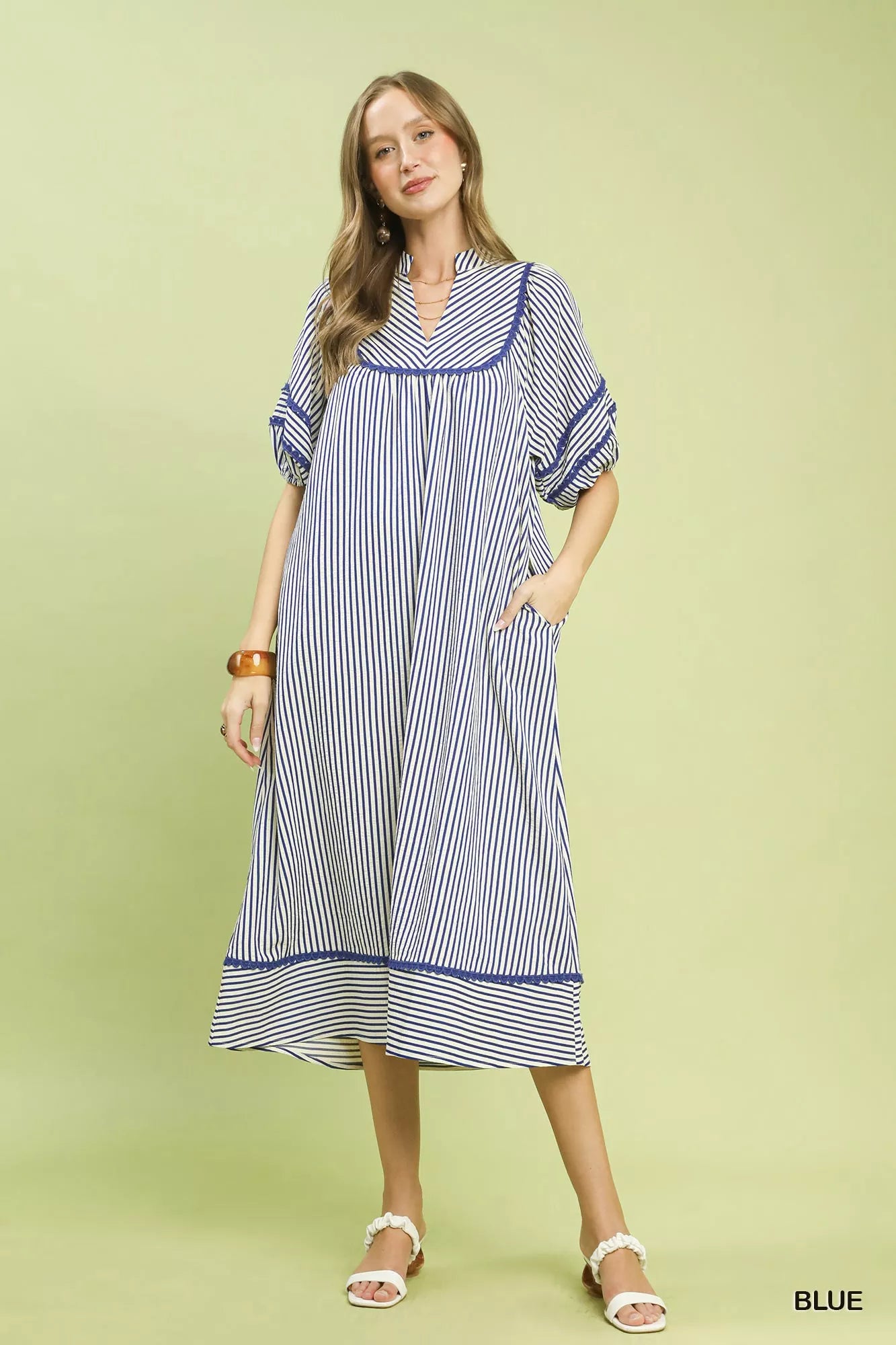 Umgee Blue Striped Puff Sleeve Midi Dress
