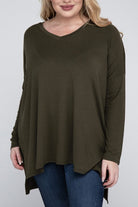 Zenana Plus Size Dolman Sleeve V-Neck Side Slit Hi-Low Hem Top DK OLIVE ZENANA