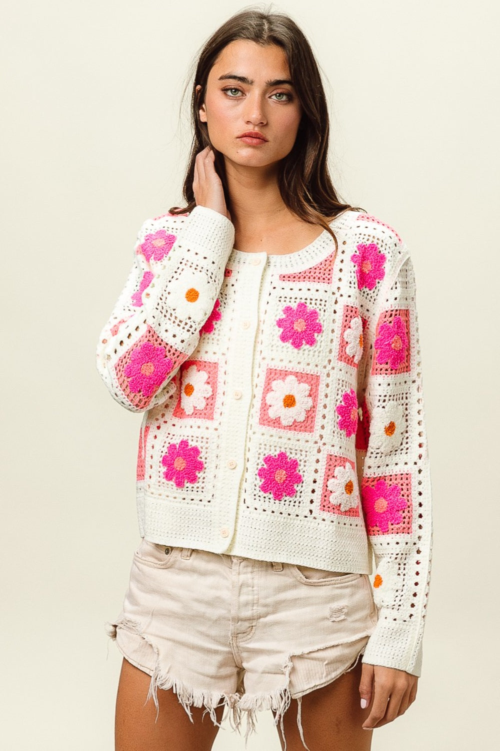 BiBi Fuchsia Combo Flower Crochet Lace Button Up Cardigan