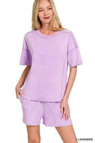 Zenana Bright Lavender Acid Washed Short Sleeve Tee & Shorts Set