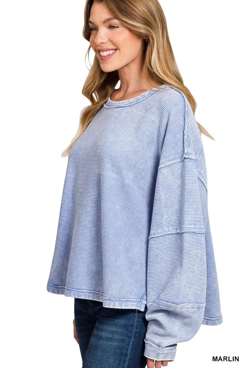 Zenana Marlin Acid Washed Exposed-Seam Sweatshirt