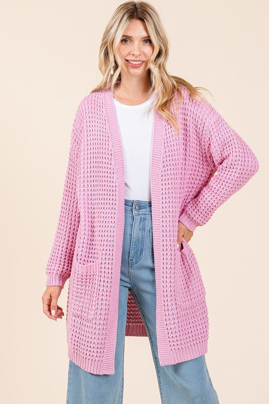 Mittoshop Pink Waffle Knit Open Front Long Sleeve Longline Cardigan Pink Shirts & Tops