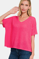 Zenana Fuchsia Drop Shoulder Short Sleeve Jacquard Knit Top Fuchsia Trendsi