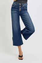 RISEN Dark Washed High Rise Crop Wide Button Down Jeans DARK