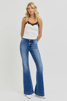 RISEN Dark Washed Low Rise Flare Jeans with Pockets Trendsi