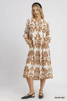 Umgee Taupe Mix Abstract Floral Print Midi Dress