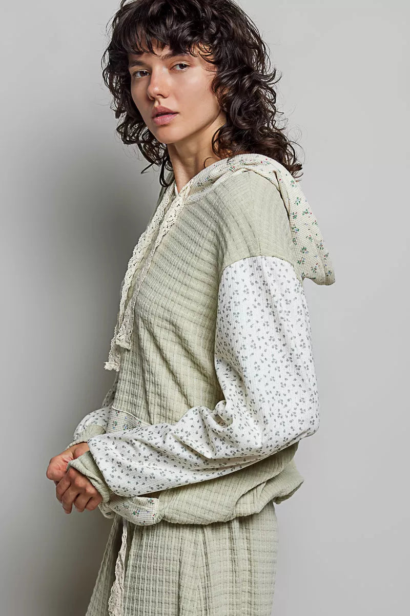POL Sage Mixed Knit Contrast Print Sleeve Hoodie with Kangaroo Pocket
