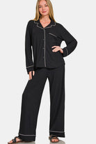 Zenana Black Button Down Long Sleeve Top and Pants Lounge Set