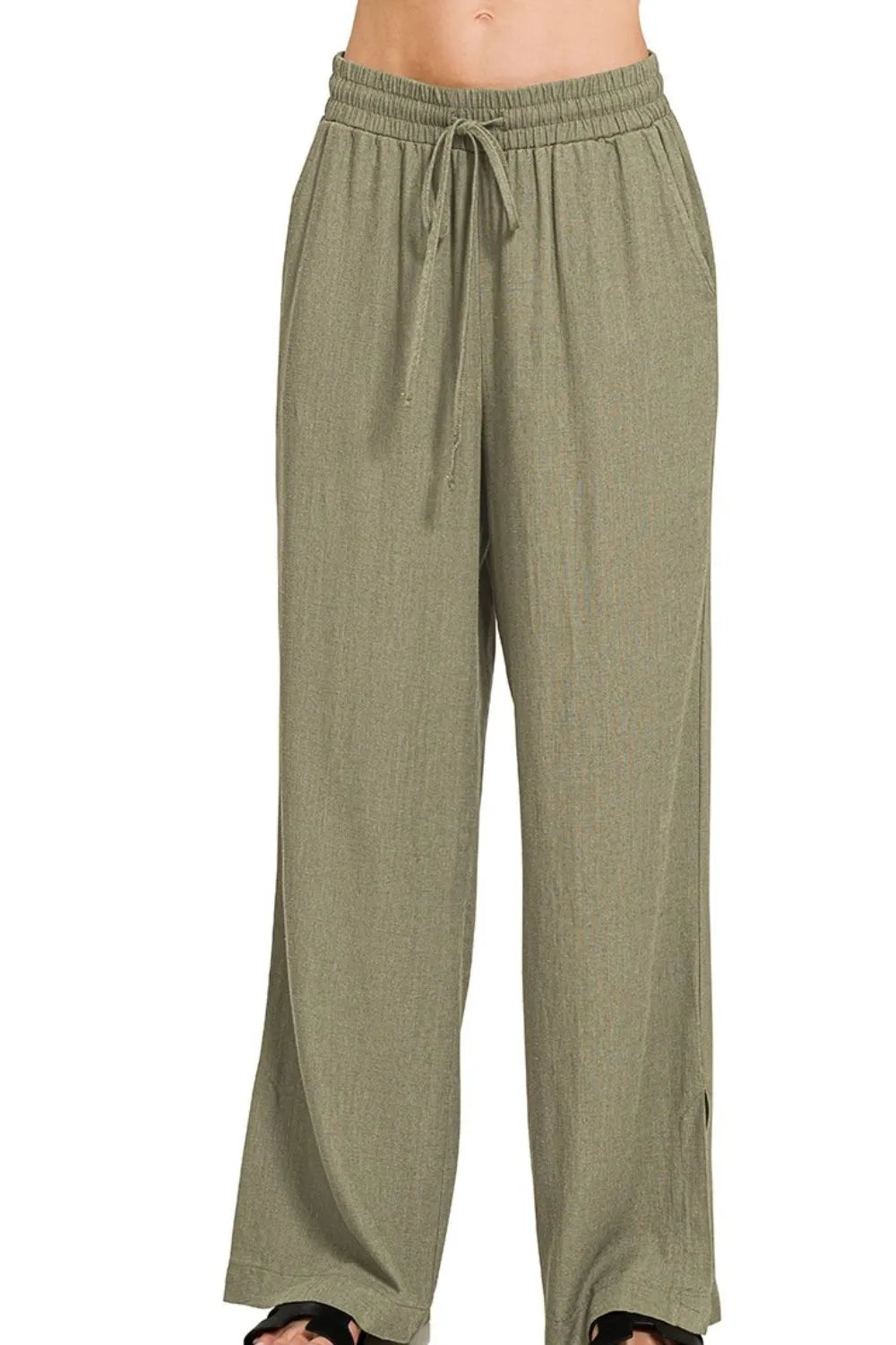 Zenana Light Olive Linen Drawstring Pants LT OLIVE