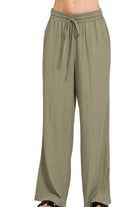 Zenana Light Olive Linen Drawstring Pants LT OLIVE