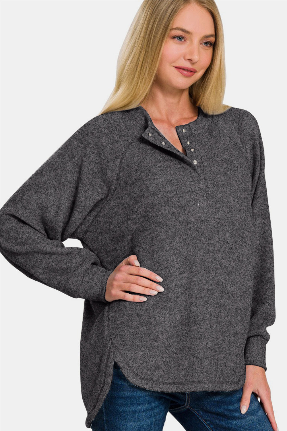 Zenana Brushed Melange Hacci High-Low Henley Sweater in Black Shirts & Tops