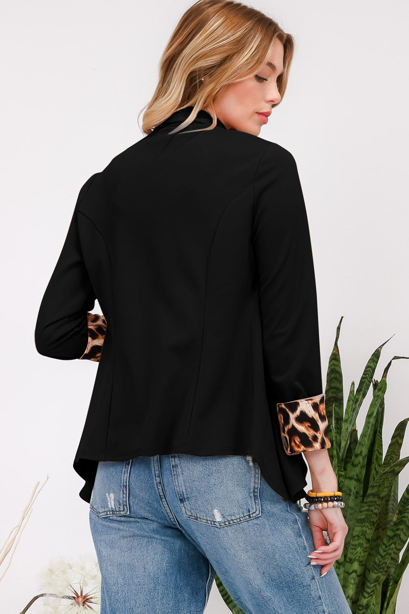 Celeste Black Rolled Leopard Cuff Open Front Blazer Trendsi